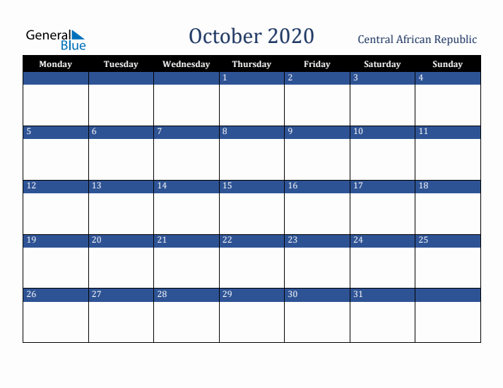 October 2020 Central African Republic Calendar (Monday Start)
