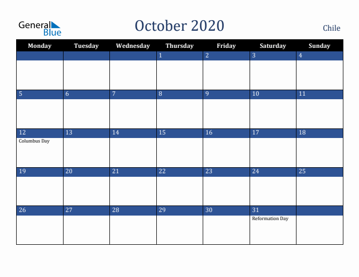 October 2020 Chile Calendar (Monday Start)