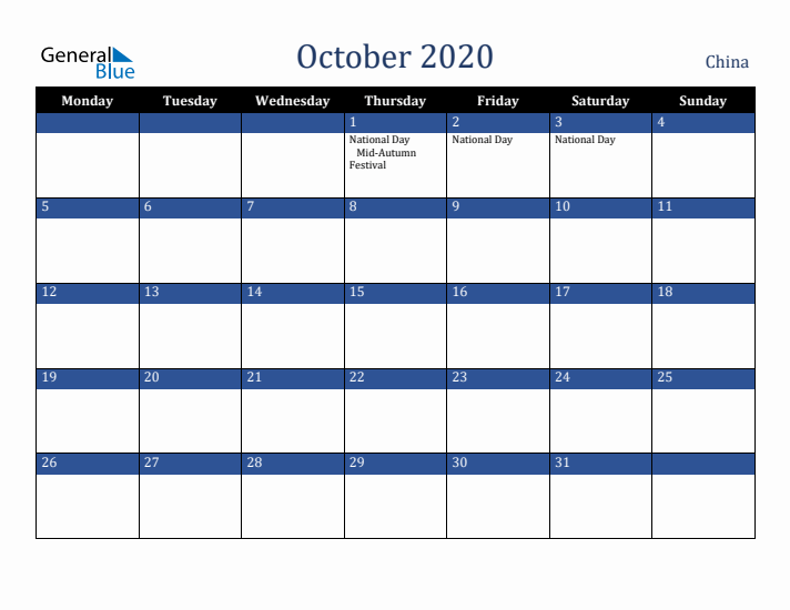 October 2020 China Calendar (Monday Start)