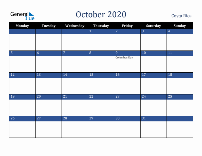 October 2020 Costa Rica Calendar (Monday Start)
