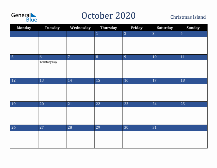 October 2020 Christmas Island Calendar (Monday Start)