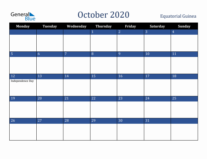 October 2020 Equatorial Guinea Calendar (Monday Start)