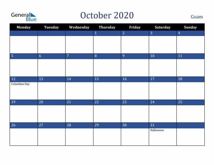 October 2020 Guam Calendar (Monday Start)