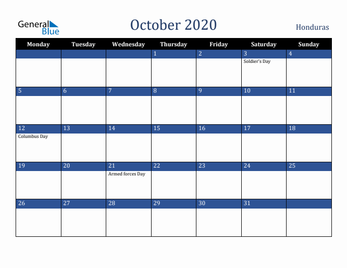 October 2020 Honduras Calendar (Monday Start)