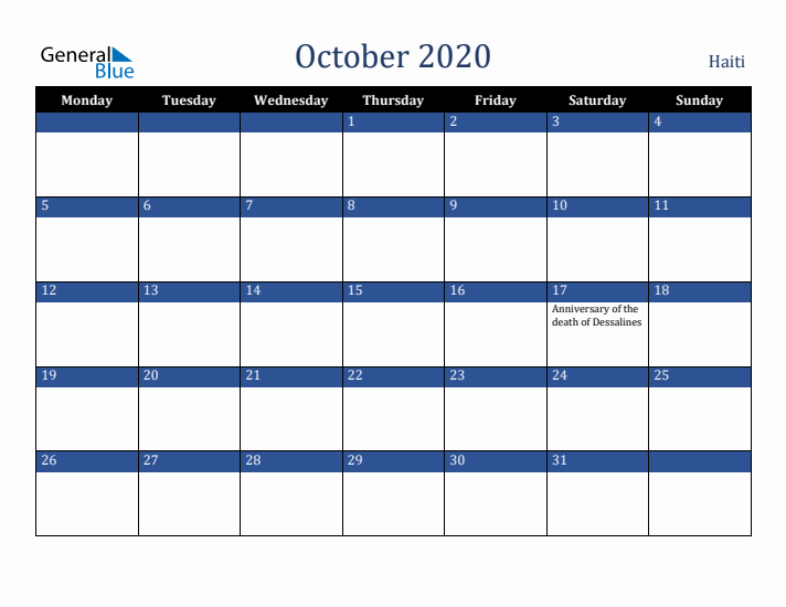 October 2020 Haiti Calendar (Monday Start)