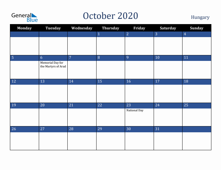 October 2020 Hungary Calendar (Monday Start)