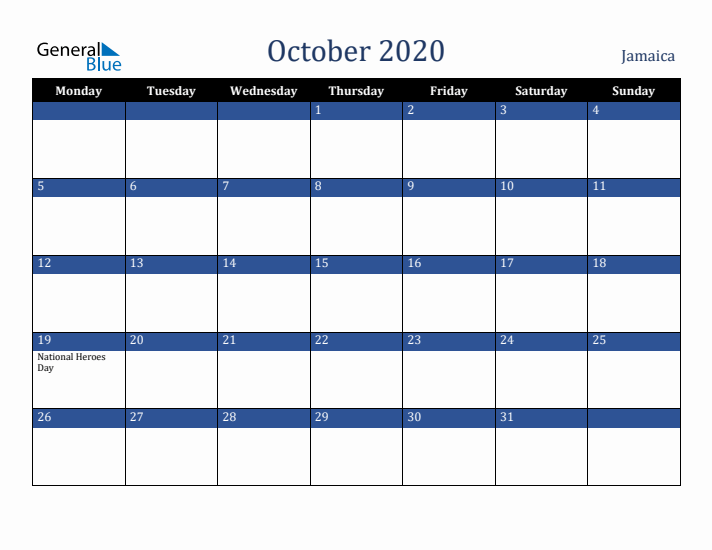 October 2020 Jamaica Calendar (Monday Start)