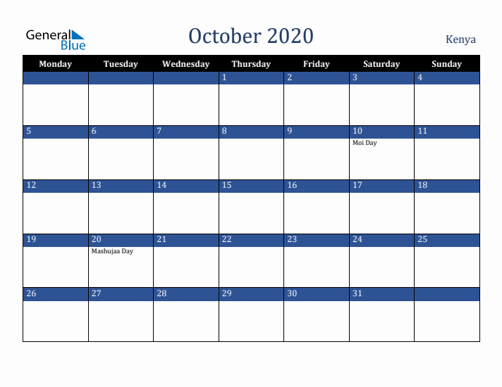 October 2020 Kenya Calendar (Monday Start)