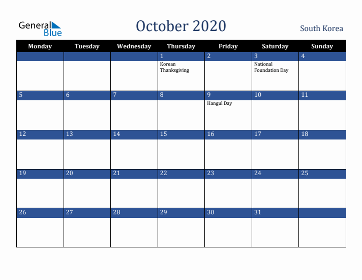 October 2020 South Korea Calendar (Monday Start)