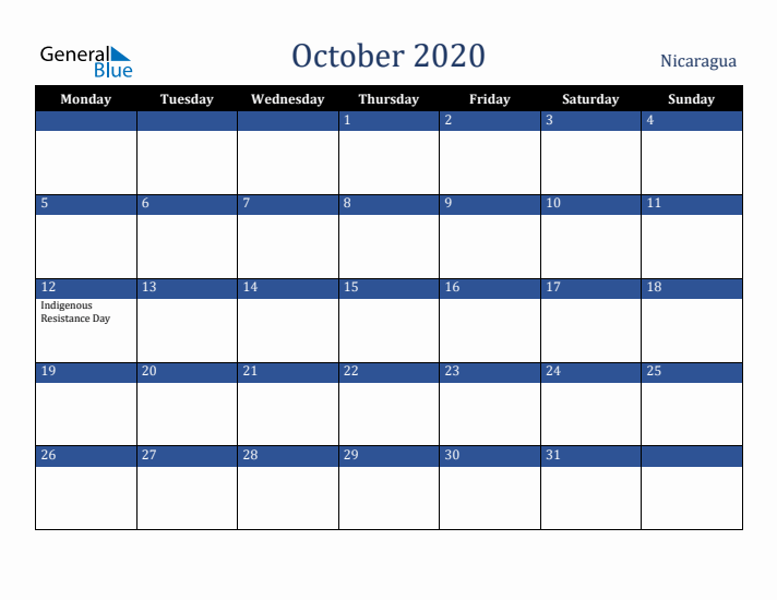 October 2020 Nicaragua Calendar (Monday Start)