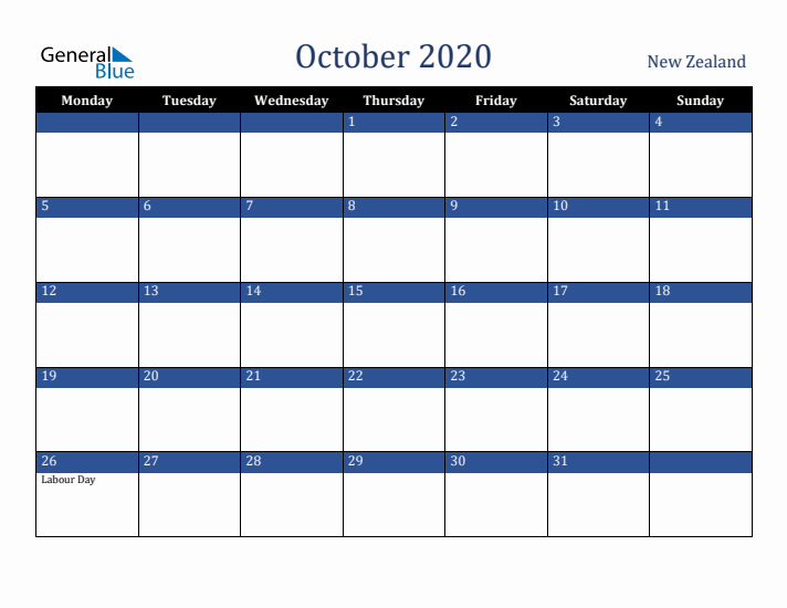 October 2020 New Zealand Calendar (Monday Start)