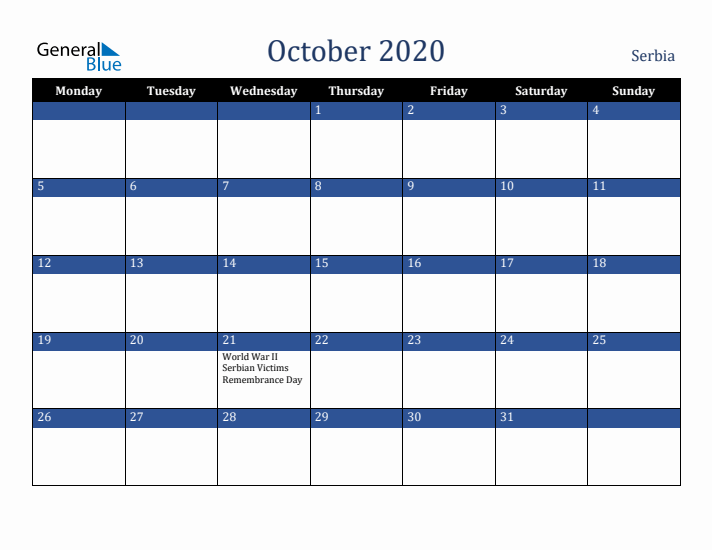 October 2020 Serbia Calendar (Monday Start)