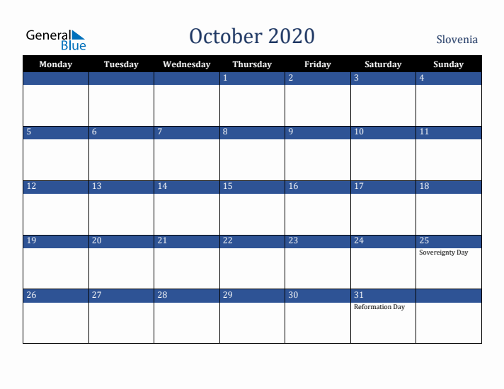October 2020 Slovenia Calendar (Monday Start)