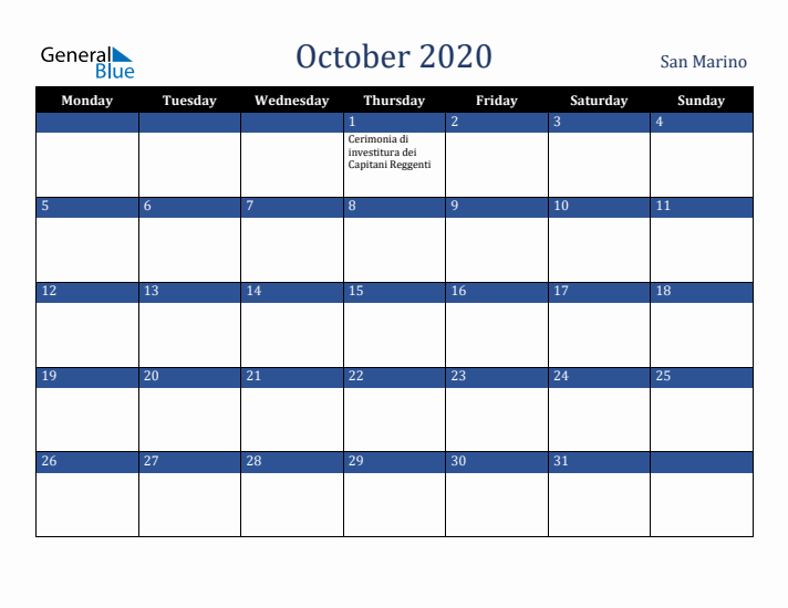 October 2020 San Marino Calendar (Monday Start)