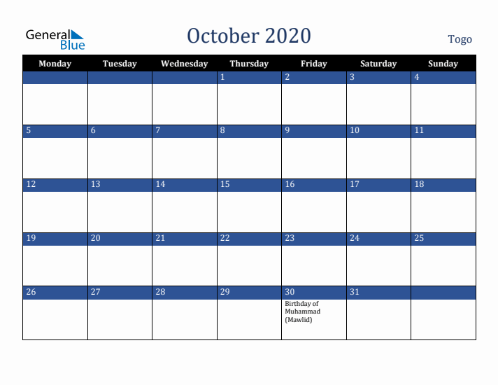 October 2020 Togo Calendar (Monday Start)