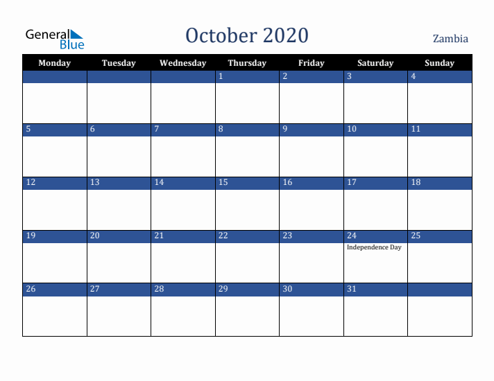 October 2020 Zambia Calendar (Monday Start)