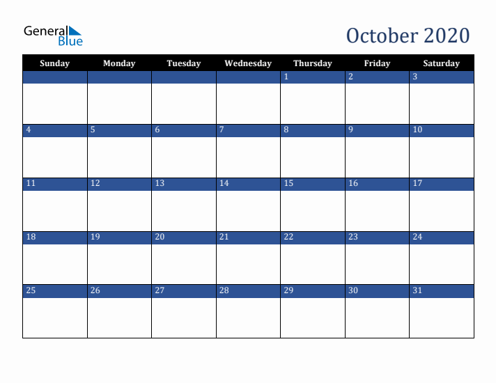 Sunday Start Calendar for October 2020