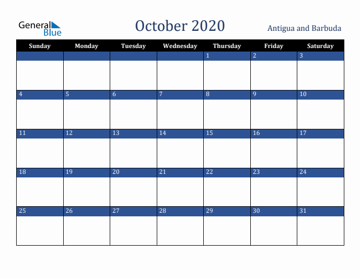 October 2020 Antigua and Barbuda Calendar (Sunday Start)