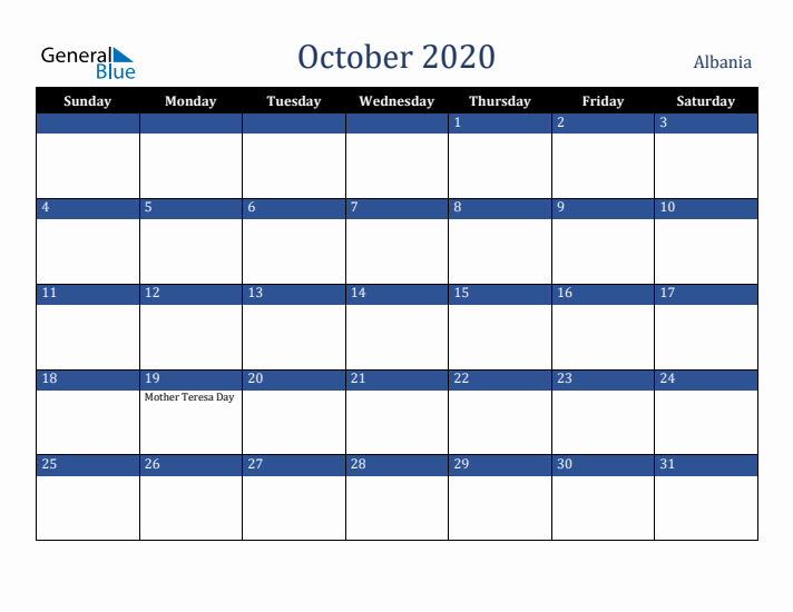 October 2020 Albania Calendar (Sunday Start)