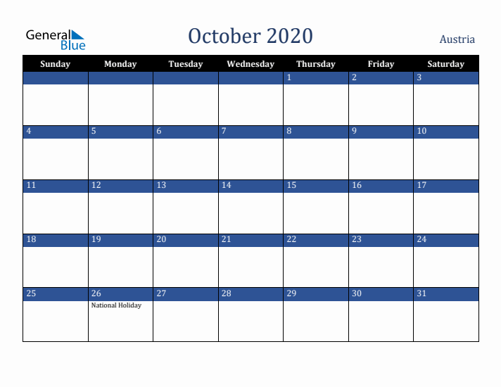 October 2020 Austria Calendar (Sunday Start)