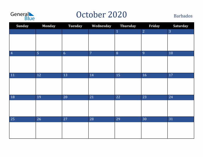 October 2020 Barbados Calendar (Sunday Start)