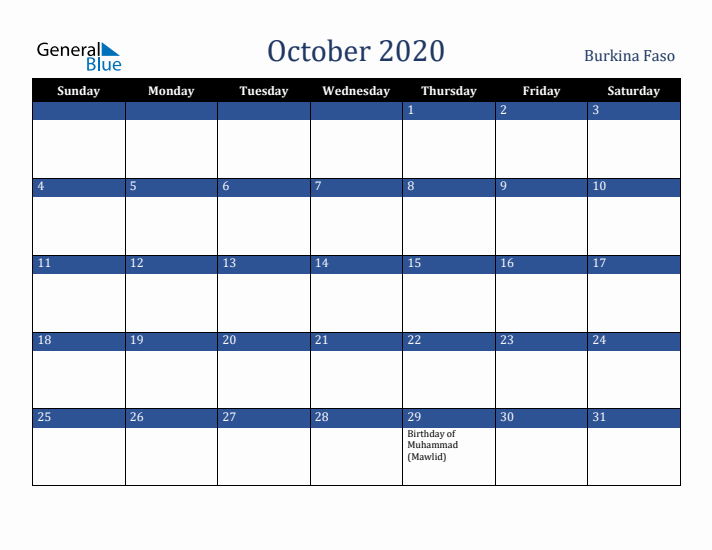 October 2020 Burkina Faso Calendar (Sunday Start)
