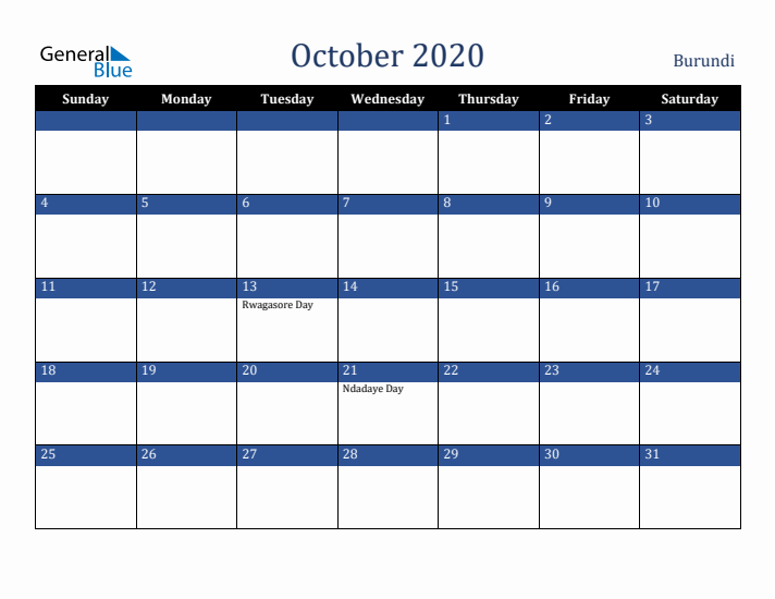 October 2020 Burundi Calendar (Sunday Start)
