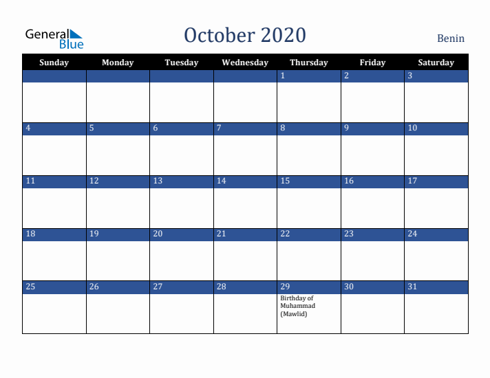 October 2020 Benin Calendar (Sunday Start)
