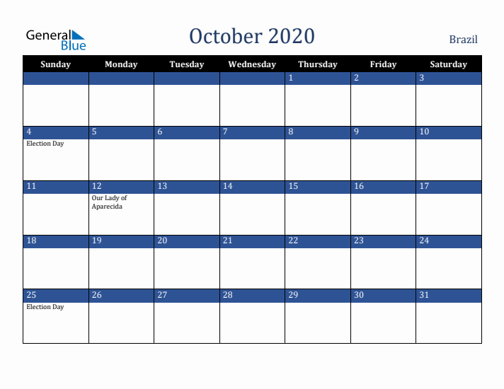 October 2020 Brazil Calendar (Sunday Start)