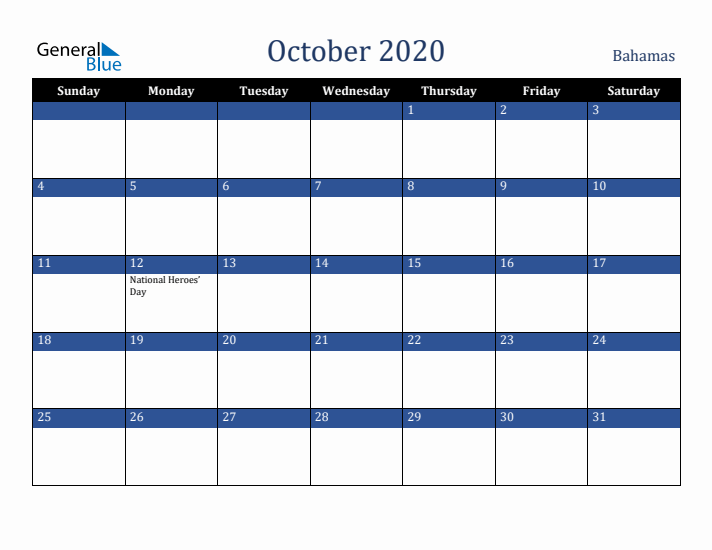 October 2020 Bahamas Calendar (Sunday Start)