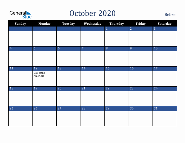 October 2020 Belize Calendar (Sunday Start)