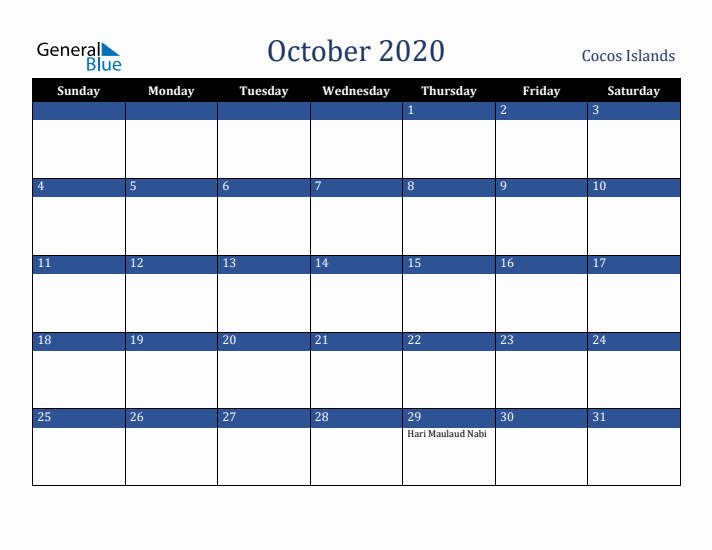 October 2020 Cocos Islands Calendar (Sunday Start)