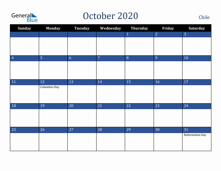 October 2020 Chile Calendar (Sunday Start)