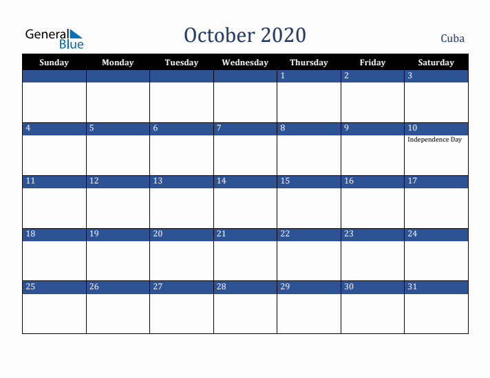 October 2020 Cuba Calendar (Sunday Start)