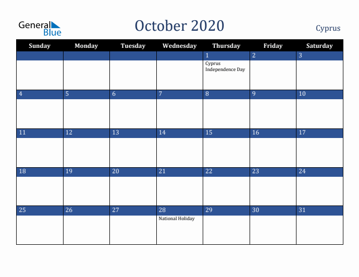 October 2020 Cyprus Calendar (Sunday Start)
