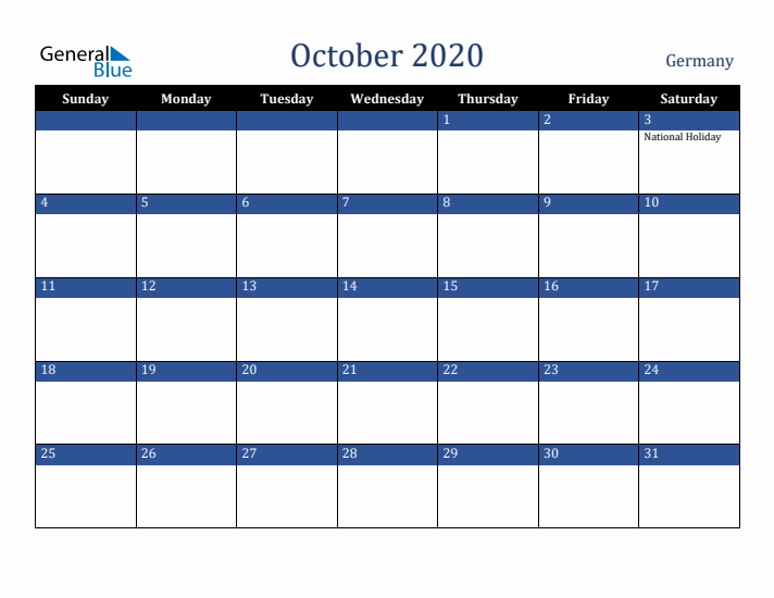 October 2020 Germany Calendar (Sunday Start)