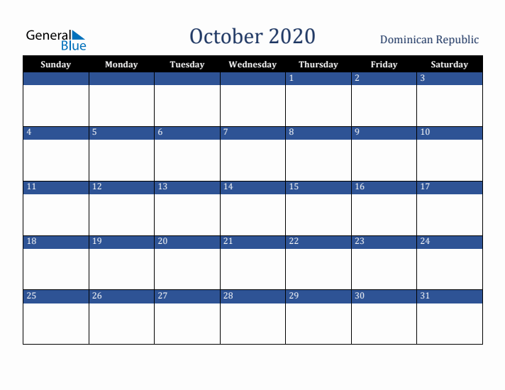 October 2020 Dominican Republic Calendar (Sunday Start)
