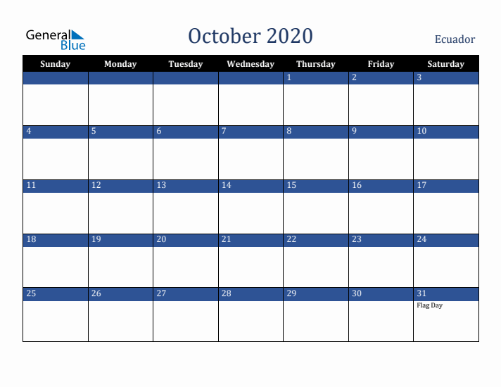 October 2020 Ecuador Calendar (Sunday Start)