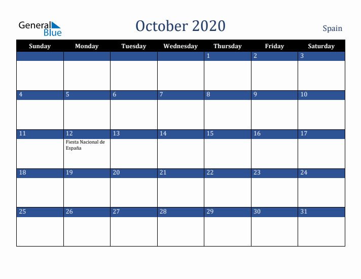 October 2020 Spain Calendar (Sunday Start)