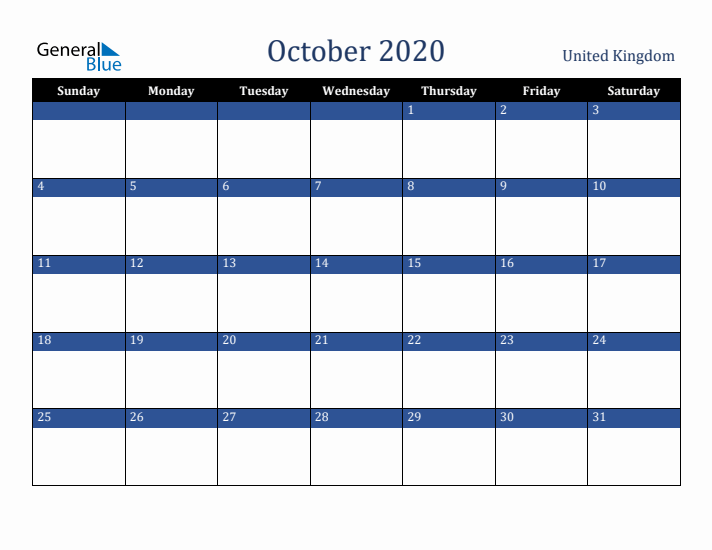 October 2020 United Kingdom Calendar (Sunday Start)