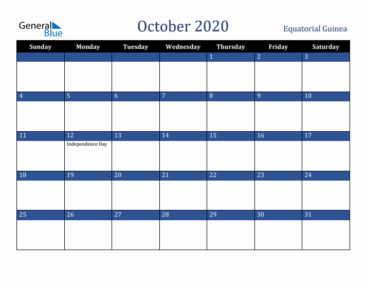 October 2020 Equatorial Guinea Calendar (Sunday Start)