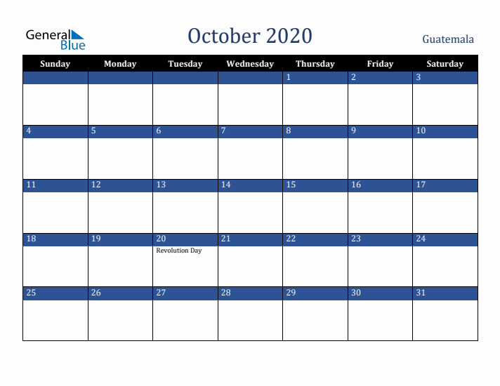 October 2020 Guatemala Calendar (Sunday Start)