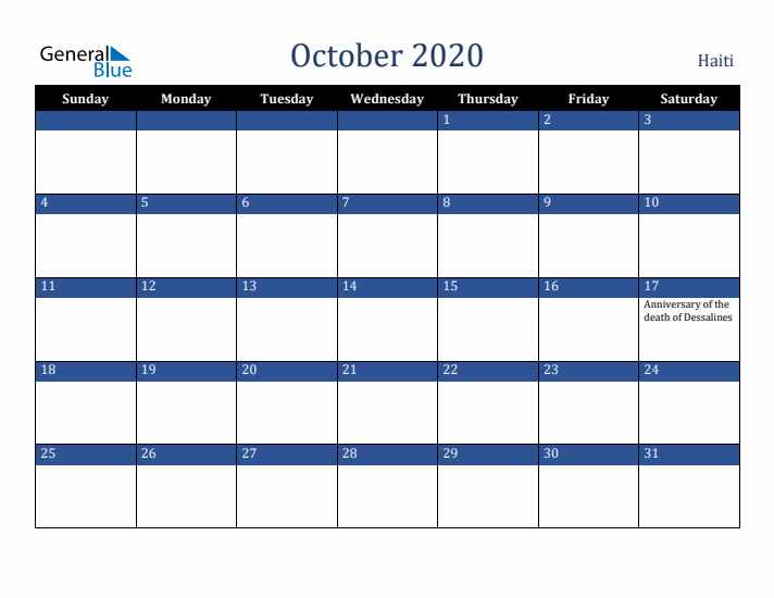 October 2020 Haiti Calendar (Sunday Start)