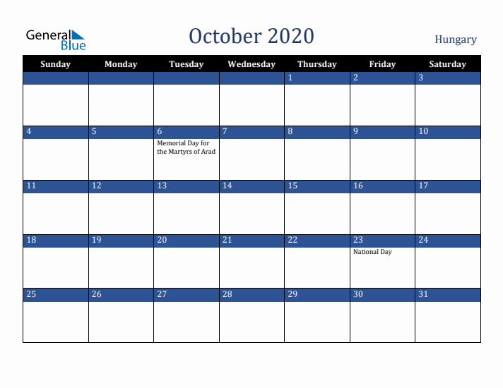 October 2020 Hungary Calendar (Sunday Start)