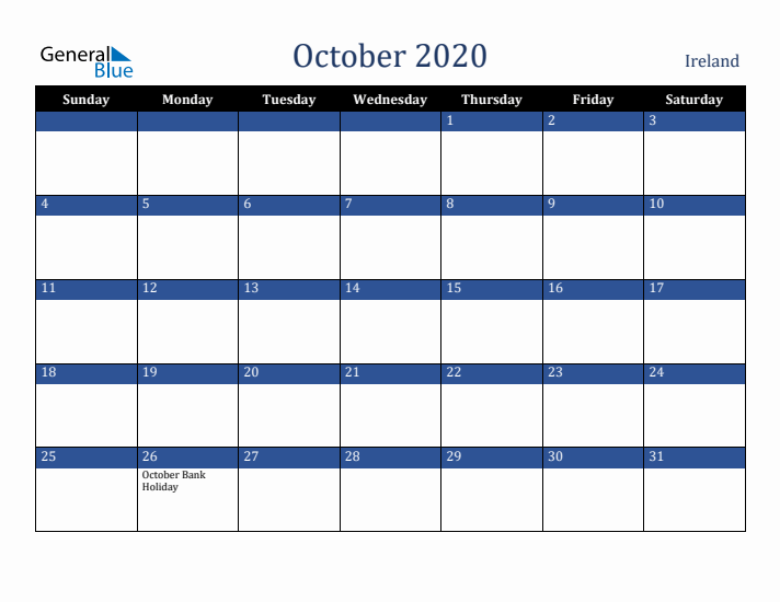 October 2020 Ireland Calendar (Sunday Start)