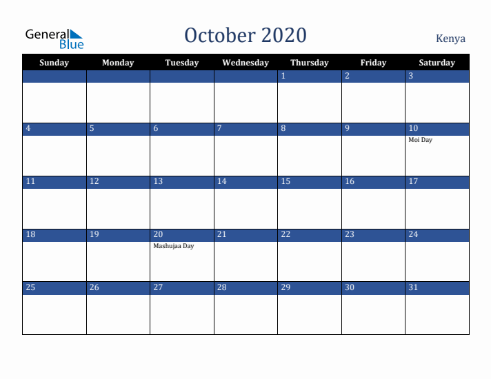 October 2020 Kenya Calendar (Sunday Start)