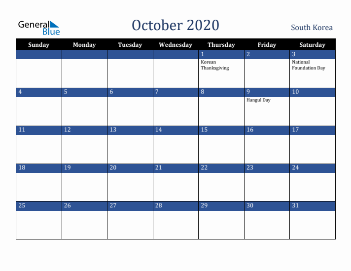 October 2020 South Korea Calendar (Sunday Start)