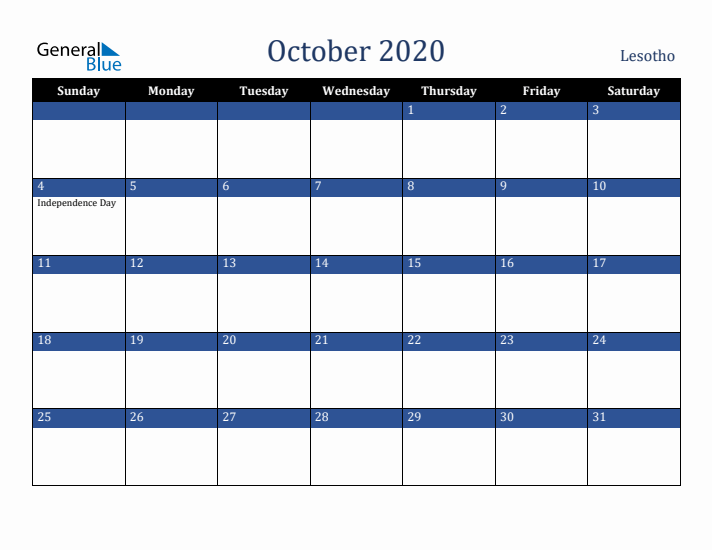 October 2020 Lesotho Calendar (Sunday Start)