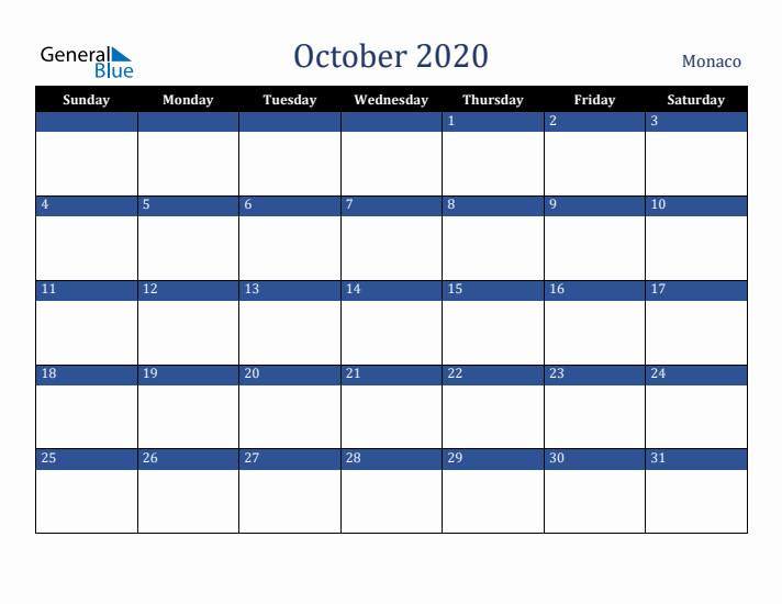 October 2020 Monaco Calendar (Sunday Start)