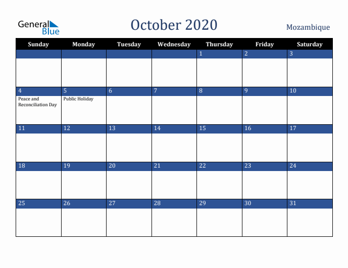 October 2020 Mozambique Calendar (Sunday Start)